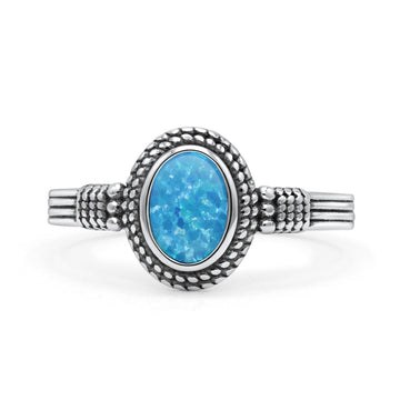 New Design Oxidized Statement Fashion Oval Thumb Ring Lab Created Blue Opal Solid 925 Sterling Silver
